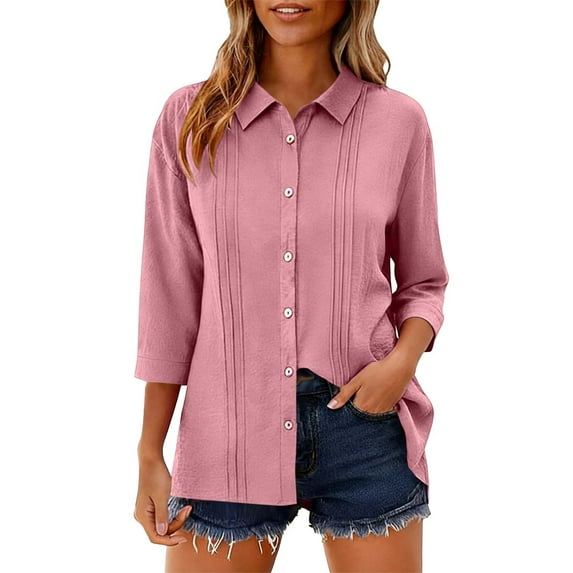 ClodeEU Womens's V Neck Collared 3/4 Sleeve Button Up Shirt,Casual Solid Loose Blouse Pink,Womens Plus L