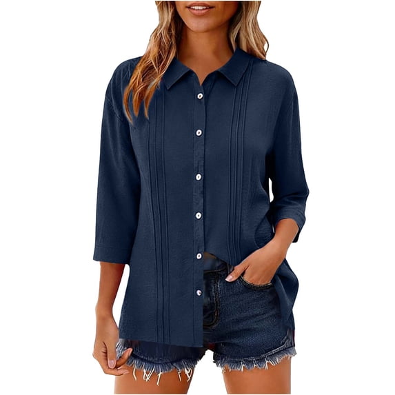 ClodeEU Womens's V Neck Collared 3/4 Sleeve Button Up Shirt,Casual Solid Loose Blouse Sky Blue,Womens Plus XXL