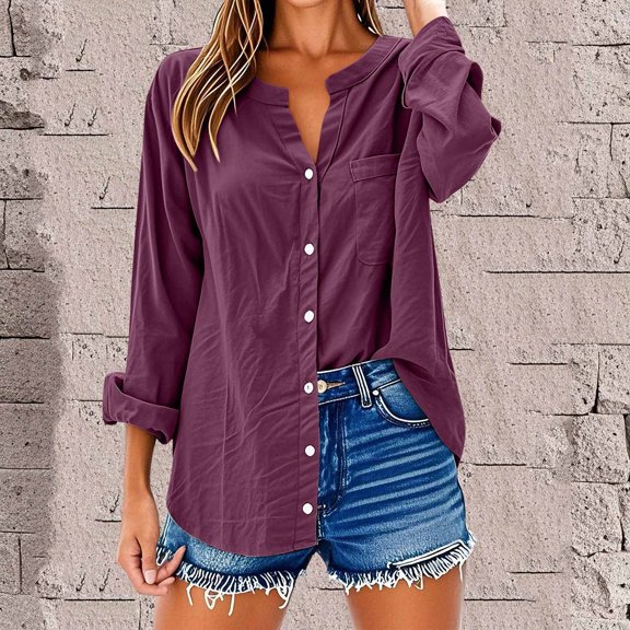 ClodeEU Womenss V Neck Button Down Shirts,Roll Up Sleeve Tops ,Casual Loose Fit Blouses Wine,Womens Plus XXXL