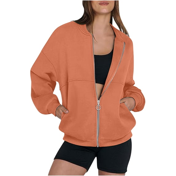 ClodeEU Zip Up Jackets For Womens, Long Sleeve Sweatshirts ,Fall Outerwear with Pockets Orange,Womens Plus L