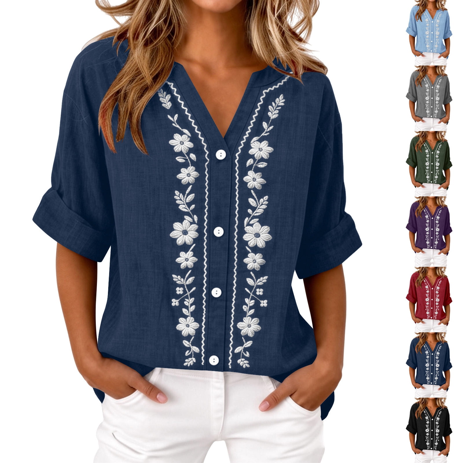 ClodeEU omen's Linen Blend V Neck Embroidered Button Shirt,Solid Color ...
