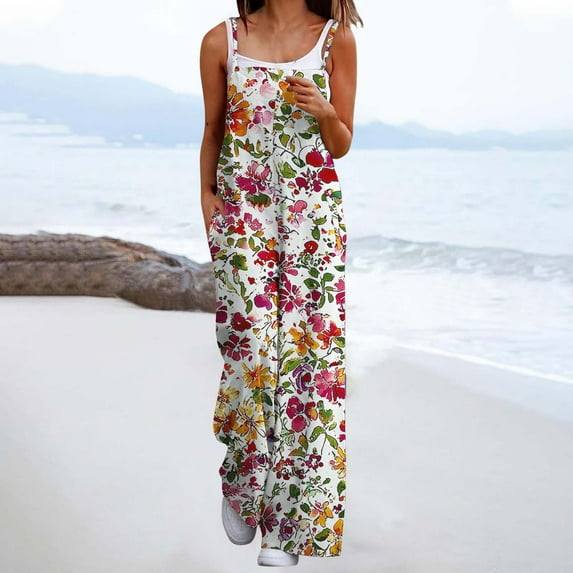 ClodeEU umpsuits for Women,Rompers Boho Floral Overalls,Sleeveless Printed Wide Leg Long Pant Rompers With Pockets Multicolor 01,Womens Plus XL