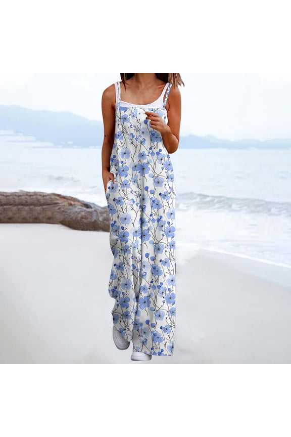 umpsuits for Women,Rompers Boho Floral Overalls,Sleeveless Printed Wide Leg Long Pant Rompers With Pockets Multicolor 08,Womens Plus M