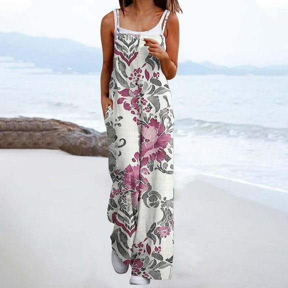 ClodeEU umpsuits for Women,Rompers Boho Floral Overalls,Sleeveless Printed Wide Leg Long Pant Rompers With Pockets Multicolor 09,Womens Plus XL