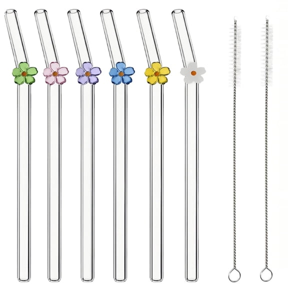Clodegs Clear Glass Straws with Charms, 6Pcs Shatter Resistant Bent Straws for Smoothies and Milk, Borosilicate Glass Drinking Straws with 2 Cleaning Brushes, White Pink Purple Yellow Blue Green