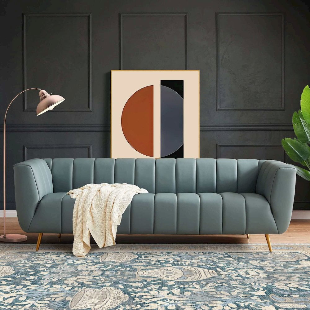 Clodette Mid Century Modern Living Room Genuine Leather Sage Sofa