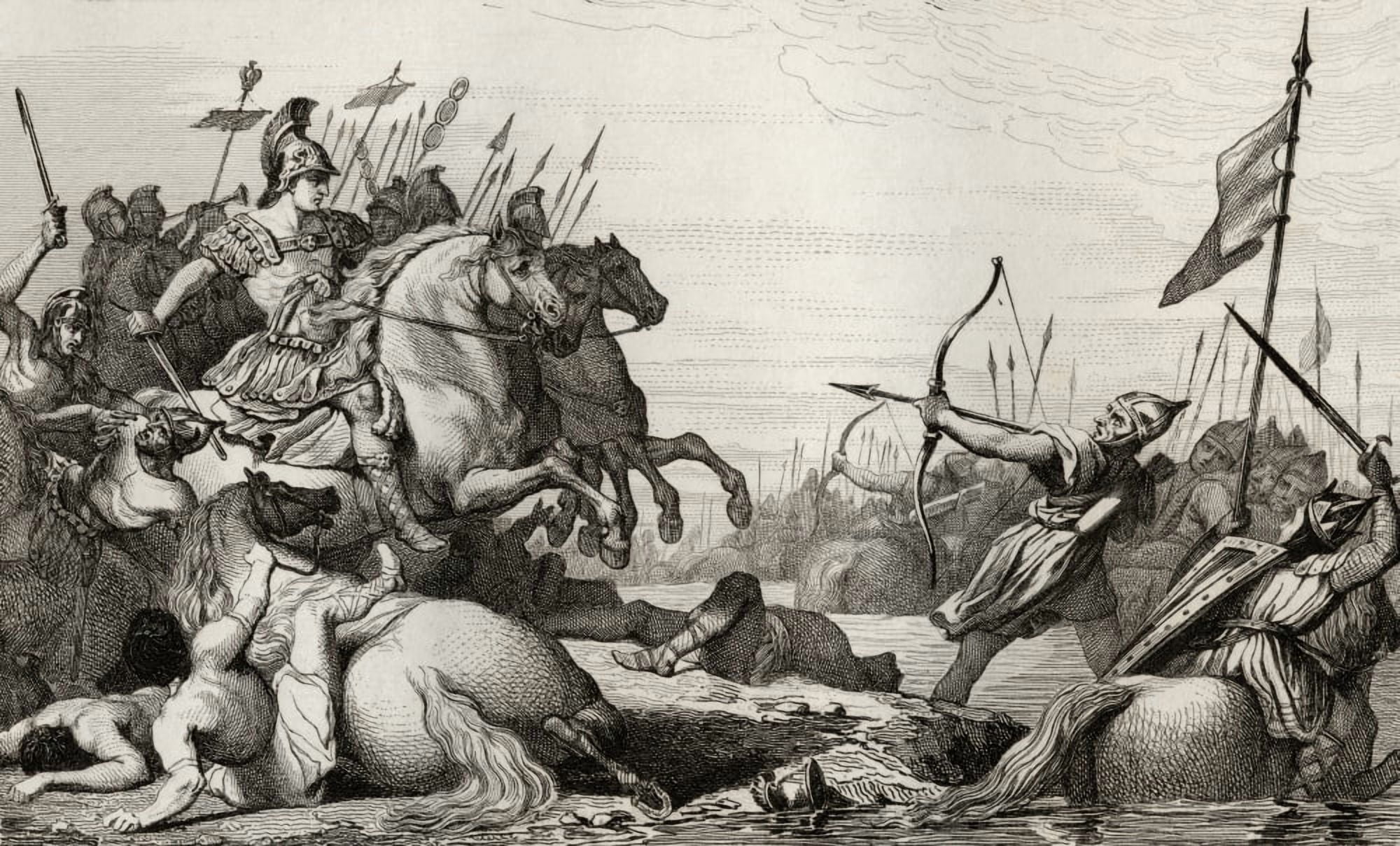 Clodion The Hairy C428 To 447 Retreats Across The Bridge After His Defeat By Aetius In 1431 From Histoire De France By Colart Published Circa 1840 Canvas Art - Ken Welsh Design Pics (38 x 22)