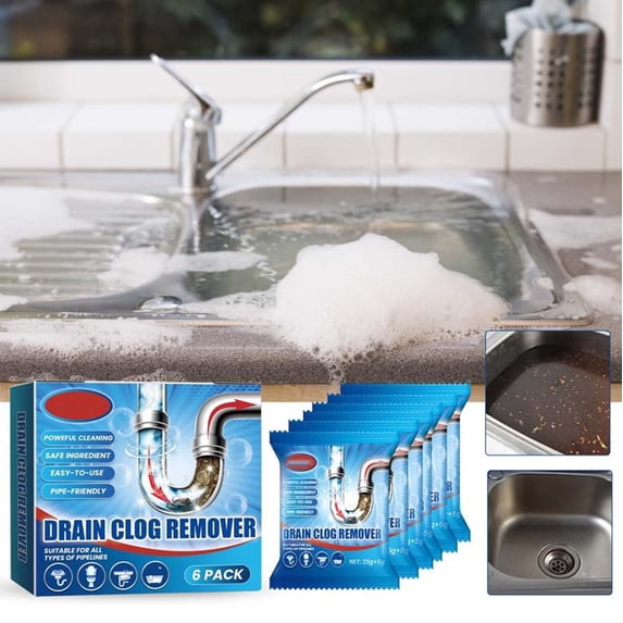 Clog Remover Powder Packs | Efficient Hair & Grease Drain Cleaner | 6 Boxes x 12 Individually Wrapped Packs | Fast Action for Kitchen Sink, Bathroom Tub, Shower, Floor Drains | Safe Septic
