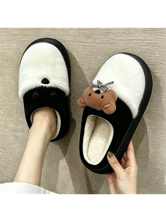 Clog Slippers for Women Fuzzy Plush Closed Toe House Shoes 3D Cartoon Bear Decor Thick Platform Cushioned Footbed Warm Cozy Non Slip Indoor Fluffy Slides Black 8.5-9