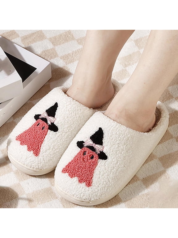 Clog Slippers for Women Teddy Fleece Closed Toe House Shoes Ghost Witch Hat Embroidery Thick Cushioned Footbed Warm Cozy Non Slip Indoor Fluffy Slides White 6.5-7