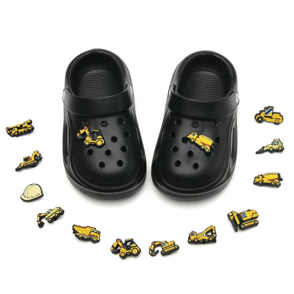 Clogs for Boys, Boys Garden Clogs with Cute Traffic Cars Charms Garden Clog Girls Non Slip Sandals Lightweight Slip-on Water Shoes Girls Boys Beach Pool Shower Slippers Summer Sandals Black 2829