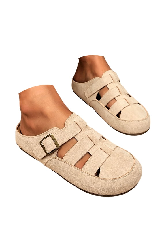 Clogs Mules for Women Suede Closed Toe Caged Platform Sandals Arch Support Footbed Non Slip Outdoor Slides Beige Size 7.5