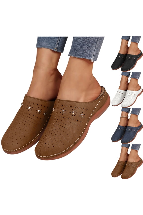 Clogs for Women Mules Fashion Casual Hollow Solid Color Baotou Sandals Thick Bottom Half Slippers Wedge Heels Comfortable Womens Wedge Clogs Dressy Mules Brown Closed Toe Sandals Shoes