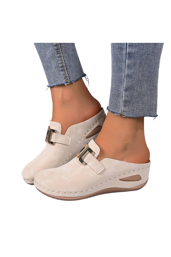 Clogs for Women Closed Toe Suede Wedge Sandals Fashion Metal Chain Stitching Leather Slip on Slides Summer Fall Casual Footwear White Size 6