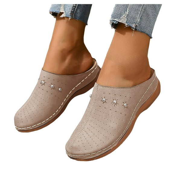 Clogs for Women Comfortable Slip On Closed Toe Mule Breathable Walking Dress Shoes with Arch Support Beige Size 6