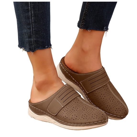 Clogs for Women Hollow out Wedge Sandals Closed Toe Mules Soft Footbed Arch Support Slip on Orthopedic Slippers Brown Size 9