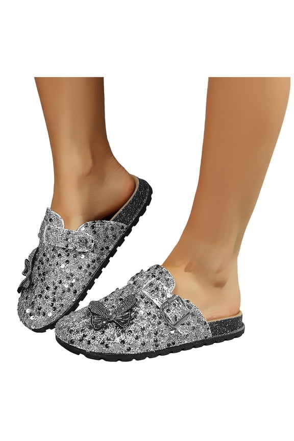 Clogs for Women Sparkly Sequin Cork Footbed Sandals Closed Toe Slip on Platform Slippers Trendy Outdoor Dress Shoes Silver Size 8