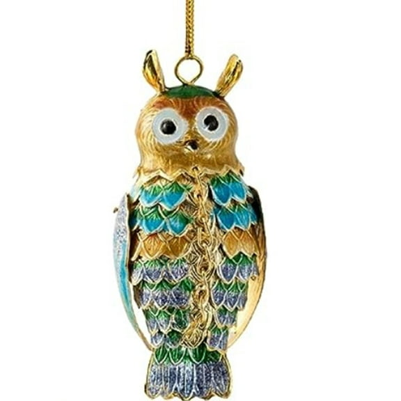 Cloisonne Articulated Owl Ornament, Enamel on Copper 3.25 Inches Multi Green