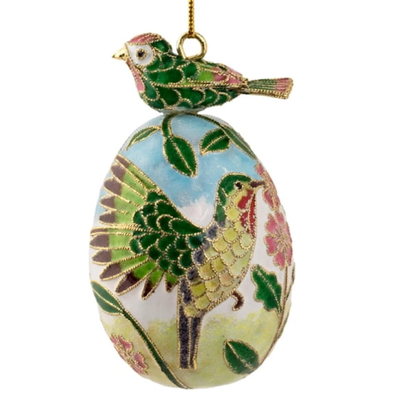 Cloisonne Bird on Egg Hanging Ornament 3.5 Inches Tall, Green Bird