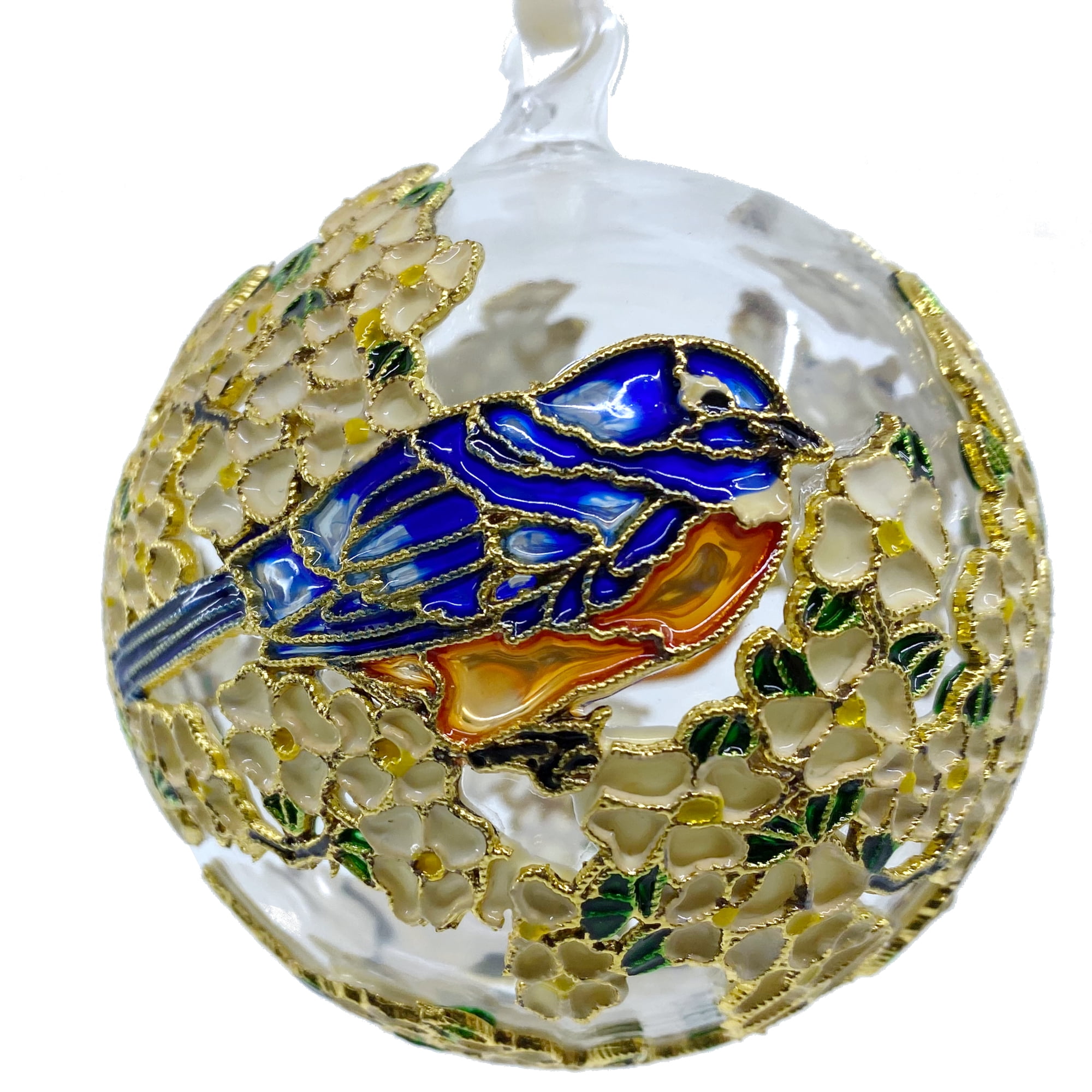 Cloisonne Blue Birds Glass Ball Ornament, Gift Boxed Holiday Floral Decoration