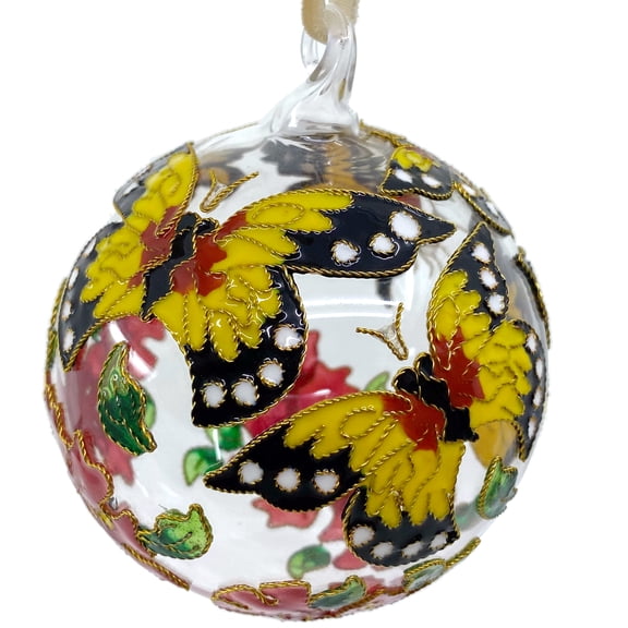 Cloisonne Butterfly Glass Ball Ornament, Gift Boxed Yellow Monarch Decoration