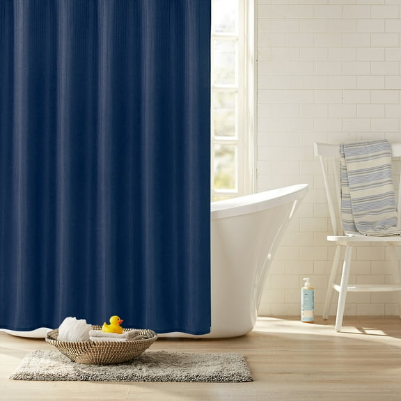 Clorox 100% Polyester Shower Curtain Set with Waterproof PEVA Liner and 12 Metal Hooks (Midnight Blue)