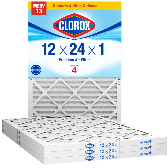 Clorox 12x24x1 Air Filter MERV 13 Virus & Bacteria Defense HVAC Furnace Filters, MPR 1900-2200 & FPR 9-10, 4 Count