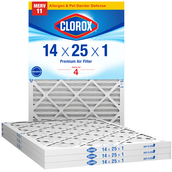 Clorox 14x25x1 Air Filter MERV 11 Allergen Defense HVAC Furnace Filters, MPR 1000 & FPR 7, 4 Count