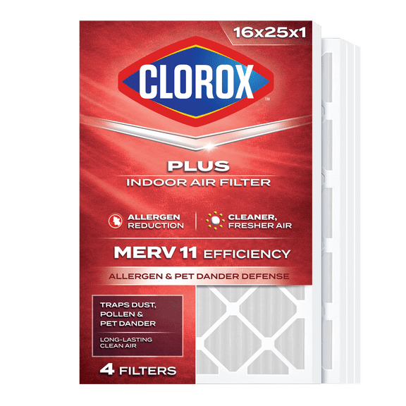 Clorox 16x25x1 Air Filter MERV 11 Allergen Defense HVAC Furnace Filters, MPR 1000 & FPR 7, 4 Count