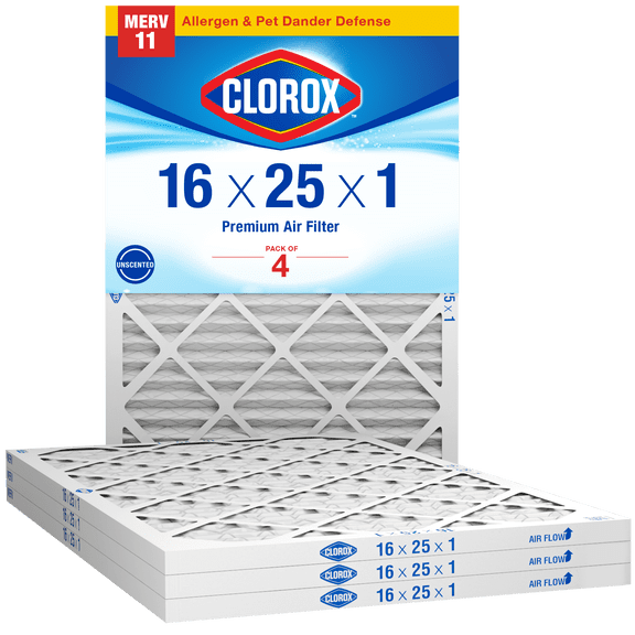 Clorox 16x25x1 Air Filter MERV 11 Allergen Defense HVAC Furnace Filters, MPR 1000 & FPR 7, 4 Count