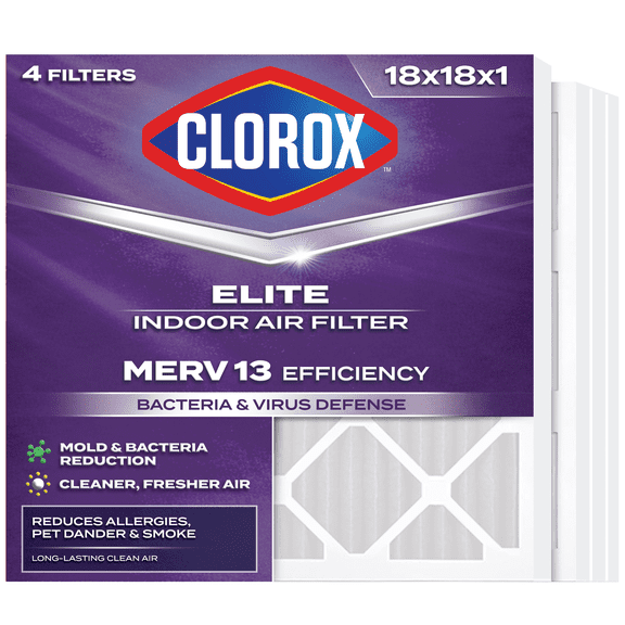 Clorox 18x18x1 Air Filter MERV 13 Virus & Bacteria Defense HVAC Furnace Filters, MPR 1900-2200 & FPR 9-10, 4 Count
