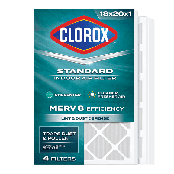 Clorox 18x20x1 Air Filter MERV 8 Dust & Lint Defense HVAC Furnace Filters, MPR 600 & FPR 5, 4 Count