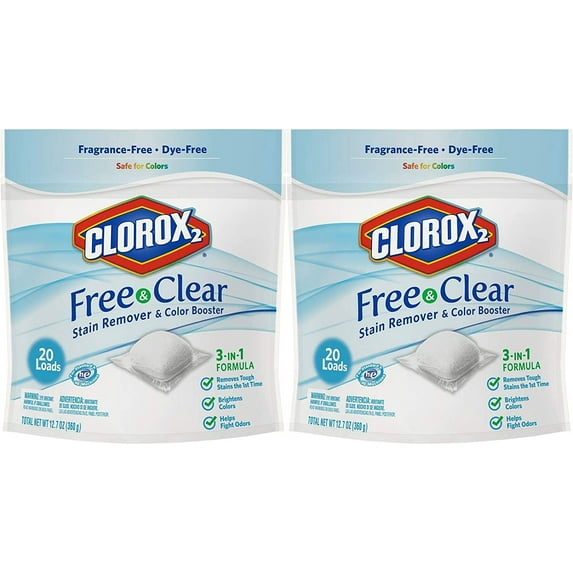 Clorox 2 Free & Clear Laundry Stain Remover & Color Booster Packs, 20 Count (Pack of 2)