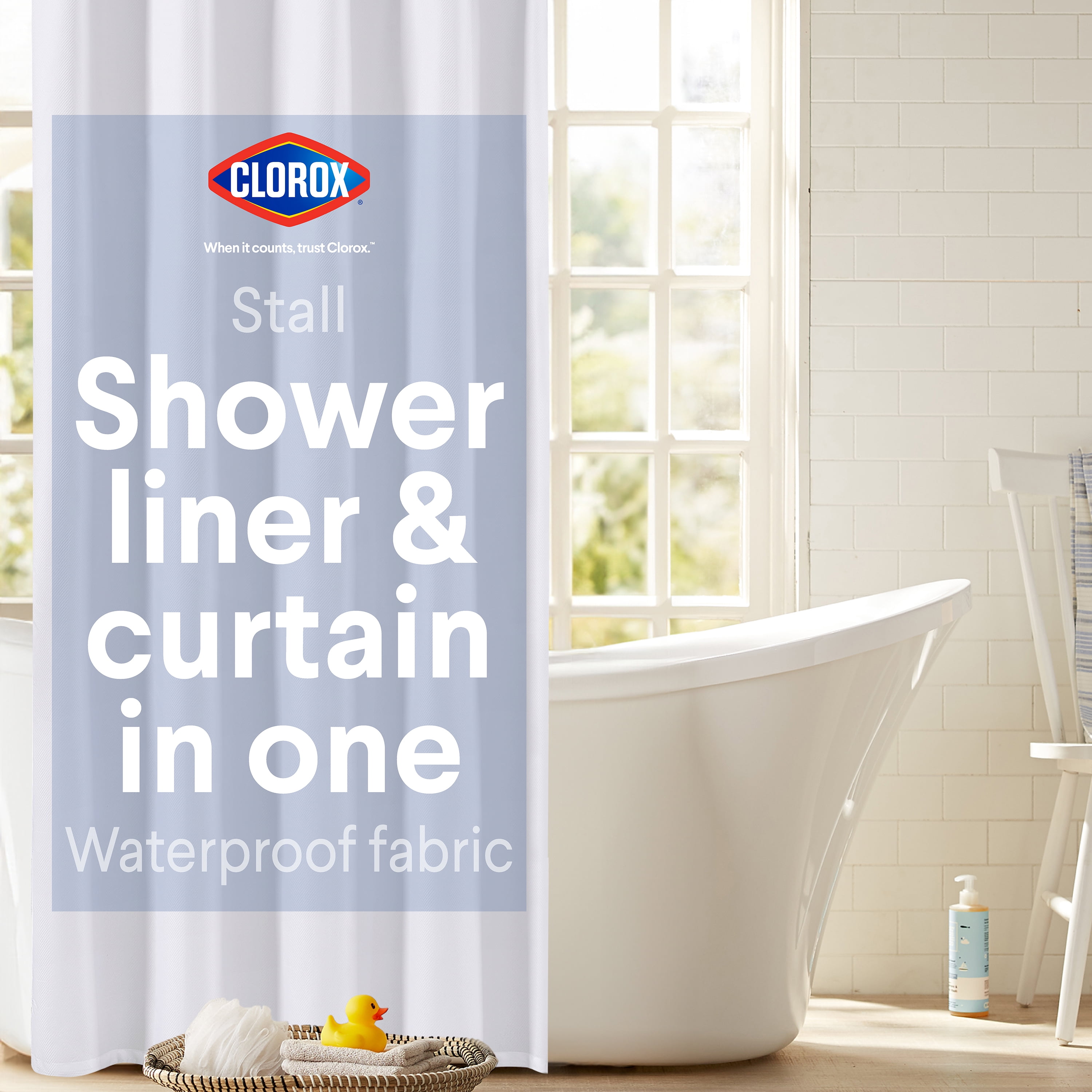 Clorox 2-in-1 Bathroom Shower Curtain Liner, Durable Fabric, Weighted ...