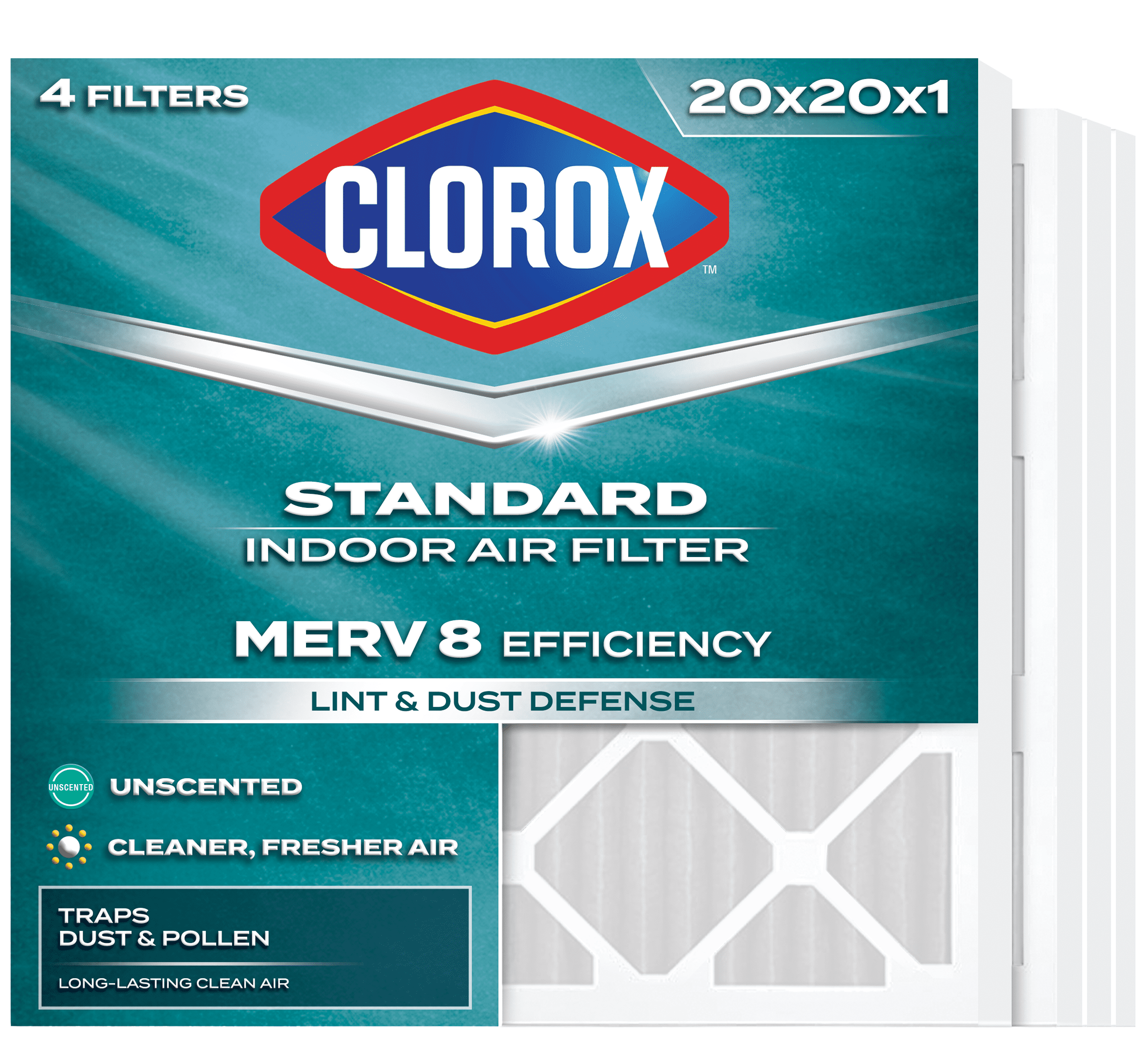 Clorox 20x20x1 Air Filter MERV 8 Dust & Lint Defense HVAC Furnace Filters, MPR 600 & FPR 5, 4 Count