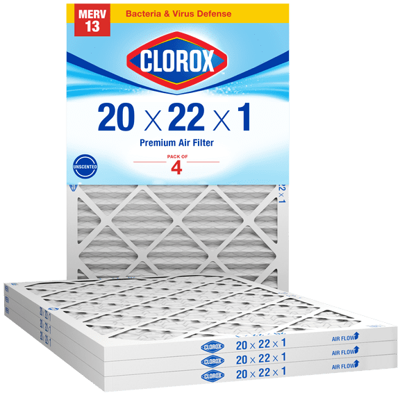 Clorox 20x22x1 Air Filter MERV 13 Virus & Bacteria Defense HVAC Furnace Filters, MPR 1900-2200 & FPR 9-10, 4 Count