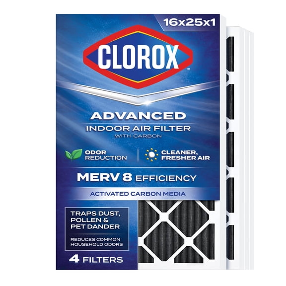 Clorox Air Filters 16x25x1 Air Filter MERV 8 + Carbon HVAC Furnace Filters, , 4 Count