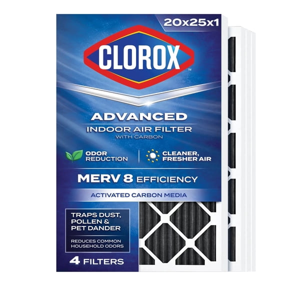 Clorox Air Filters 20x25x1 Air Filter MERV 8 + Carbon HVAC Furnace Filters, , 4 Count