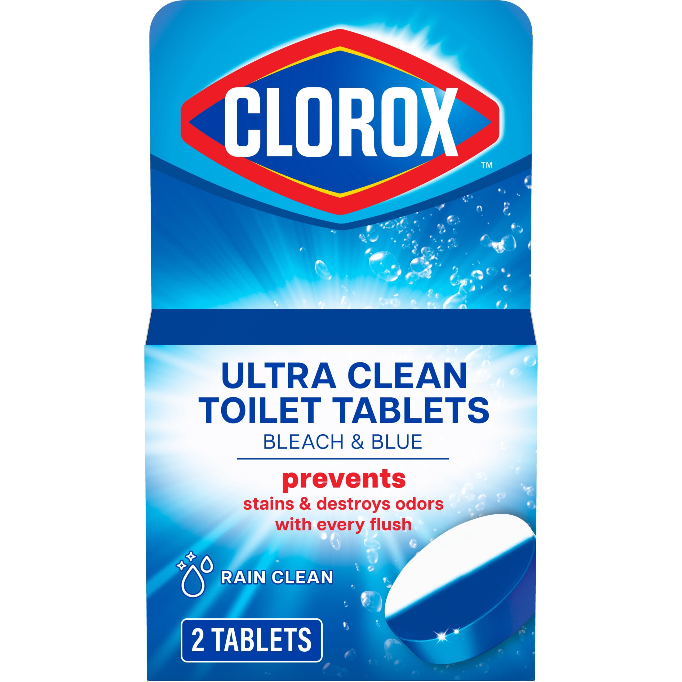 Clorox Bleach and Blue Toilet Bowl Cleaner Tablets, Rain Clean, 2 Count