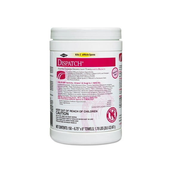 Clorox Healthcare 69150 6.75 in. x 8 in. 1-Ply Dispatch Cleaner Disinfectant Towels - Unscented, White (150/Canister)