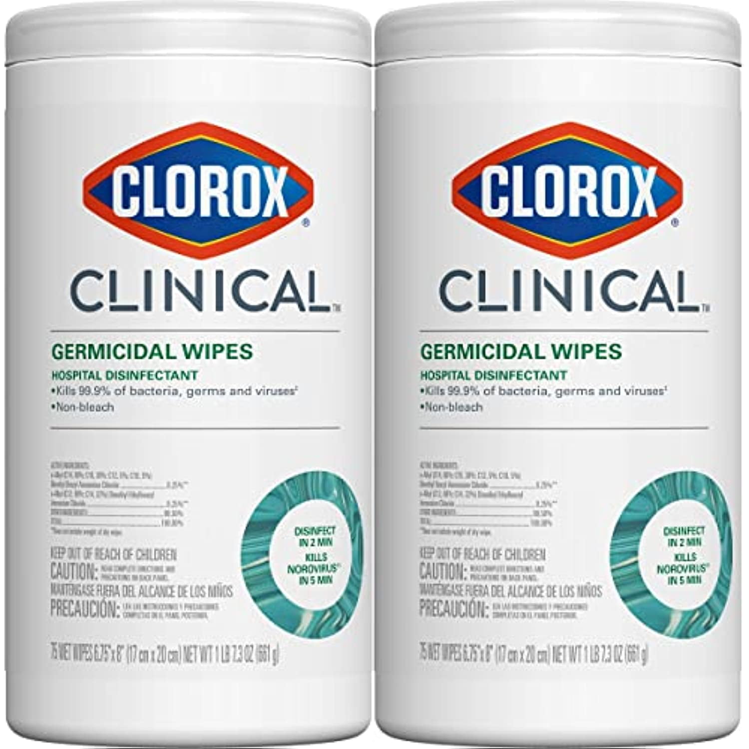 Clorox Clinical Germicidal Wipes Hospital Disinfectant, NonBleach, 75