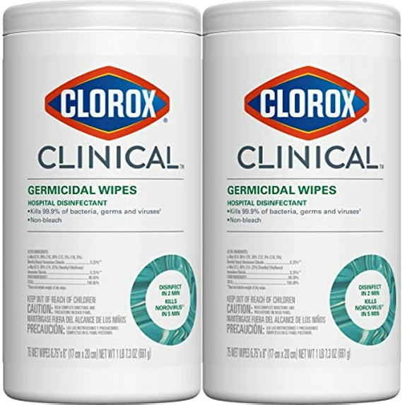 Clorox Clinical Germicidal Wipes Hospital Disinfectant, Non-Bleach, 75 Wet Wipes, Pack Of 2