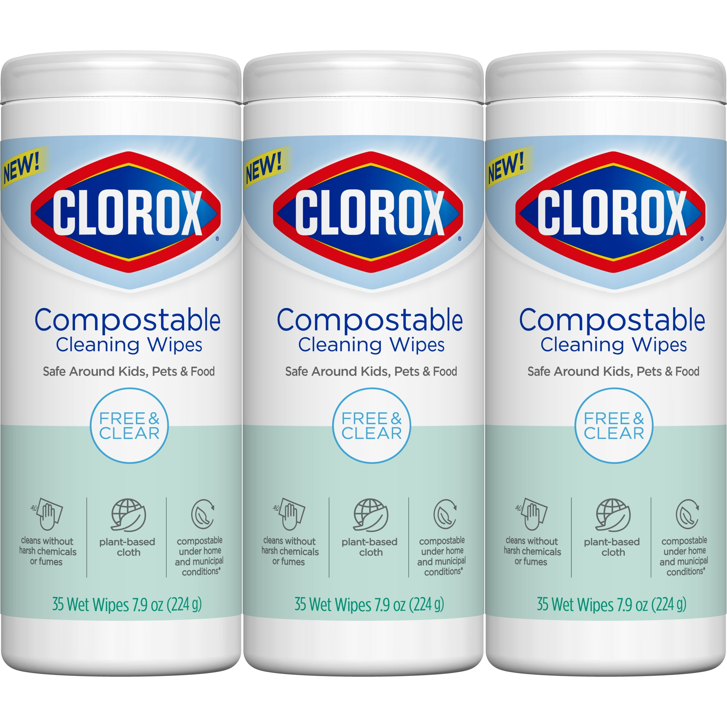 Clorox Free & Clear Compostable All Purpose Cleaning Wipes - 4.25 Length x  4.25 Width - 75 / Tub - 6 / Carton - White