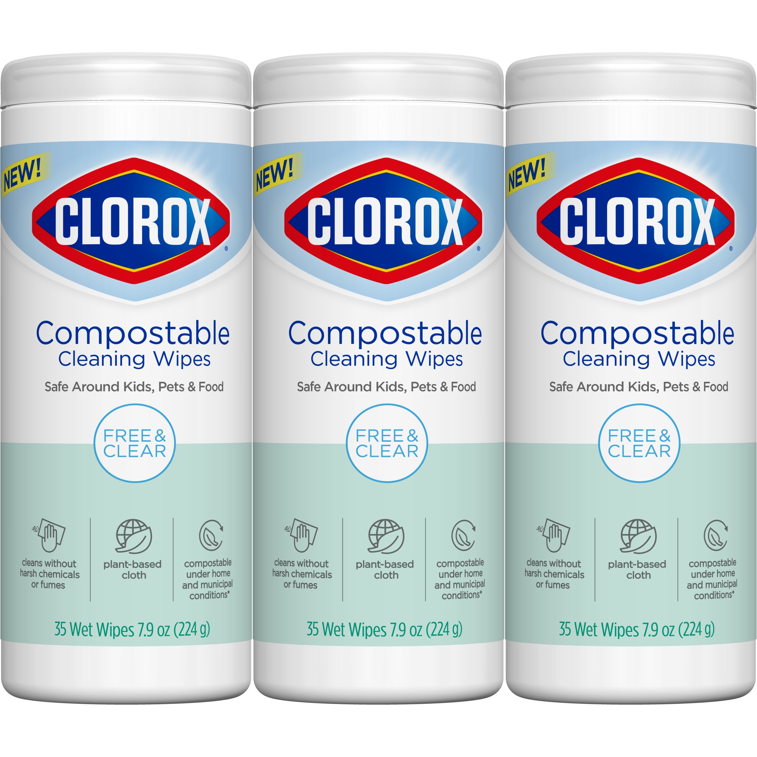 Clorox Compostable Cleaning Wipes - All Purpose Wipes - Unscented, Free & Clear, 35 Count Each - Pack of 3 - image 1 of 12