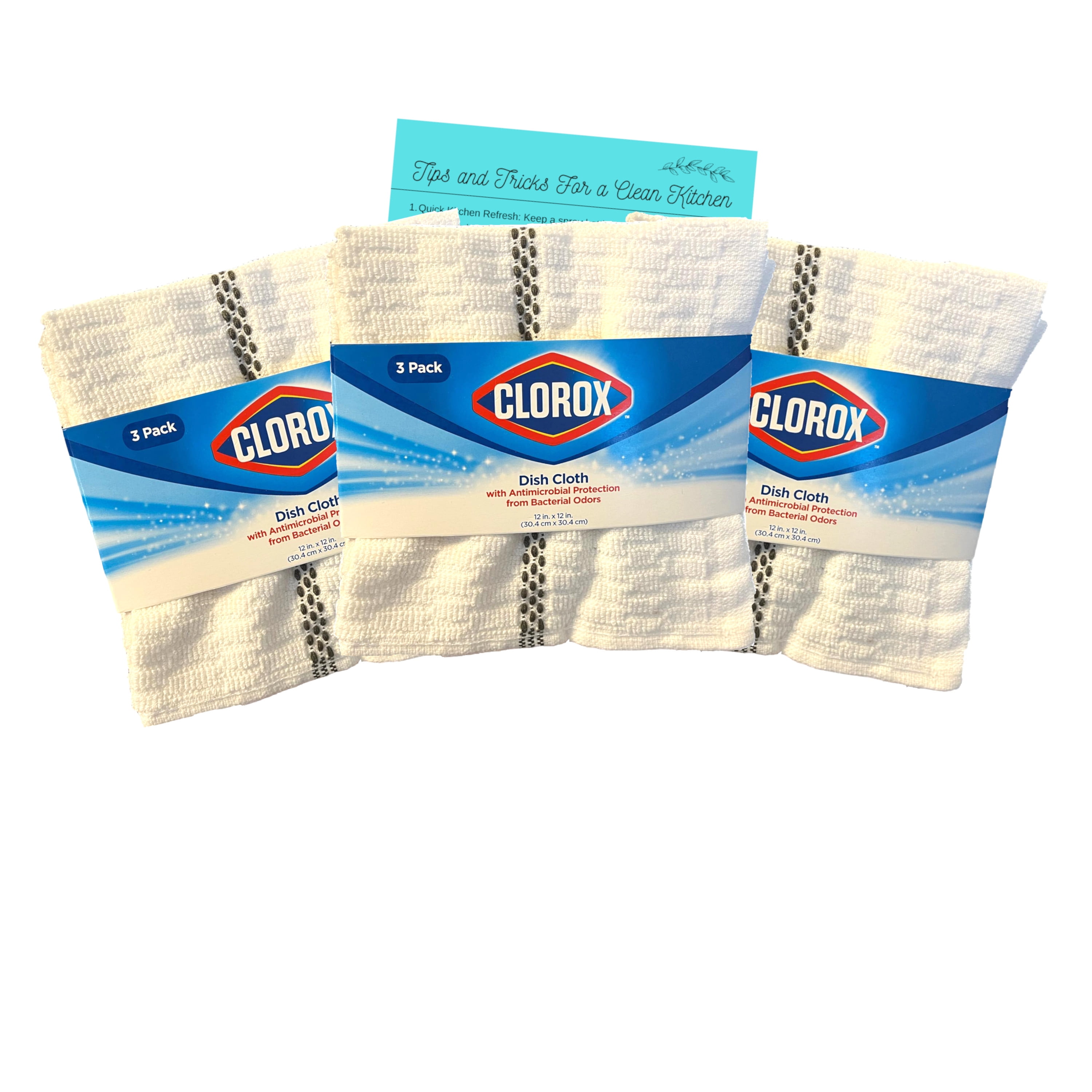 Clorox Dish Cloths 9 Count (3 Packs of 3 Cloths), White With Grey