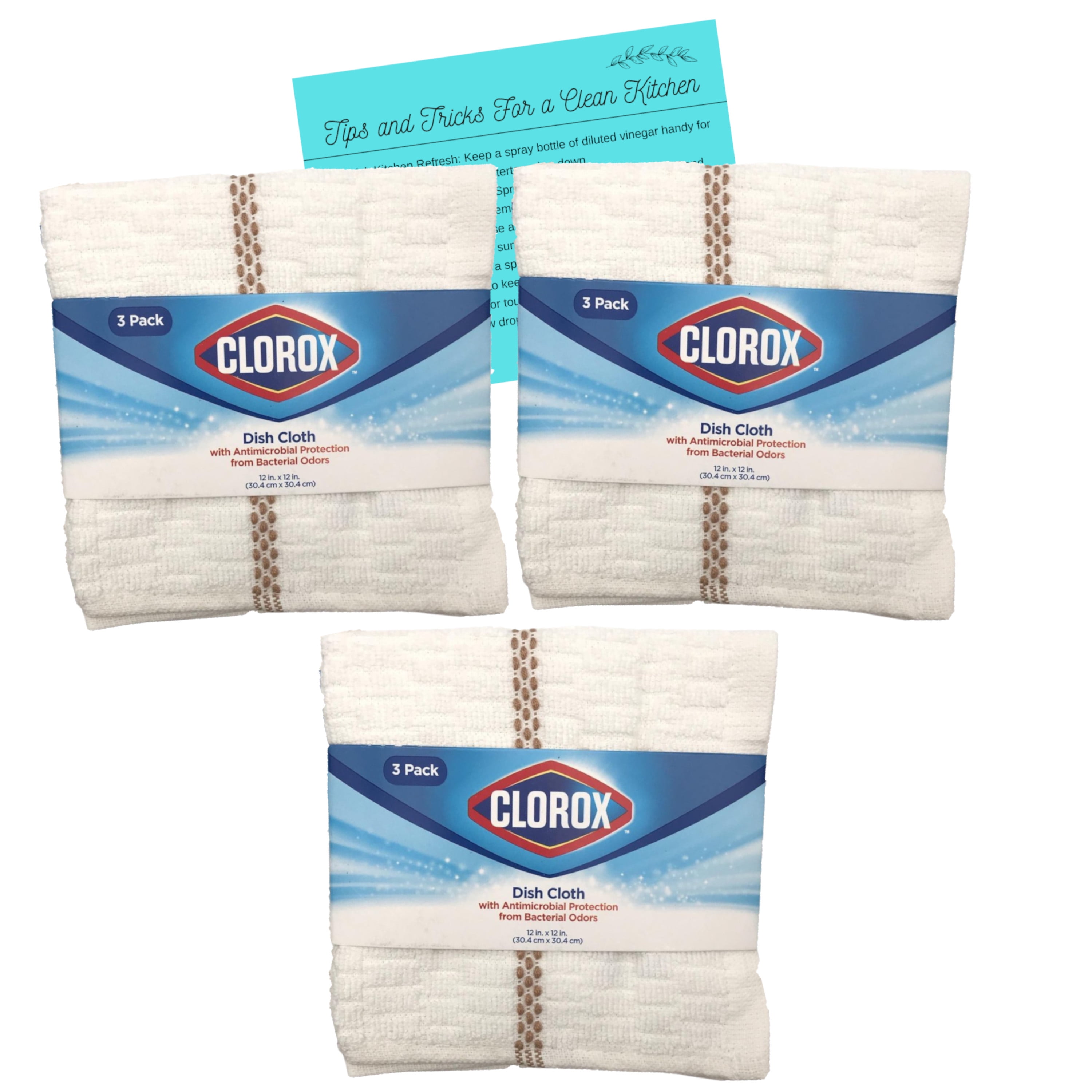 Clorox Dish Cloths - 6 Count (2 Packs of 3 Cloths), White With Tan Stripe