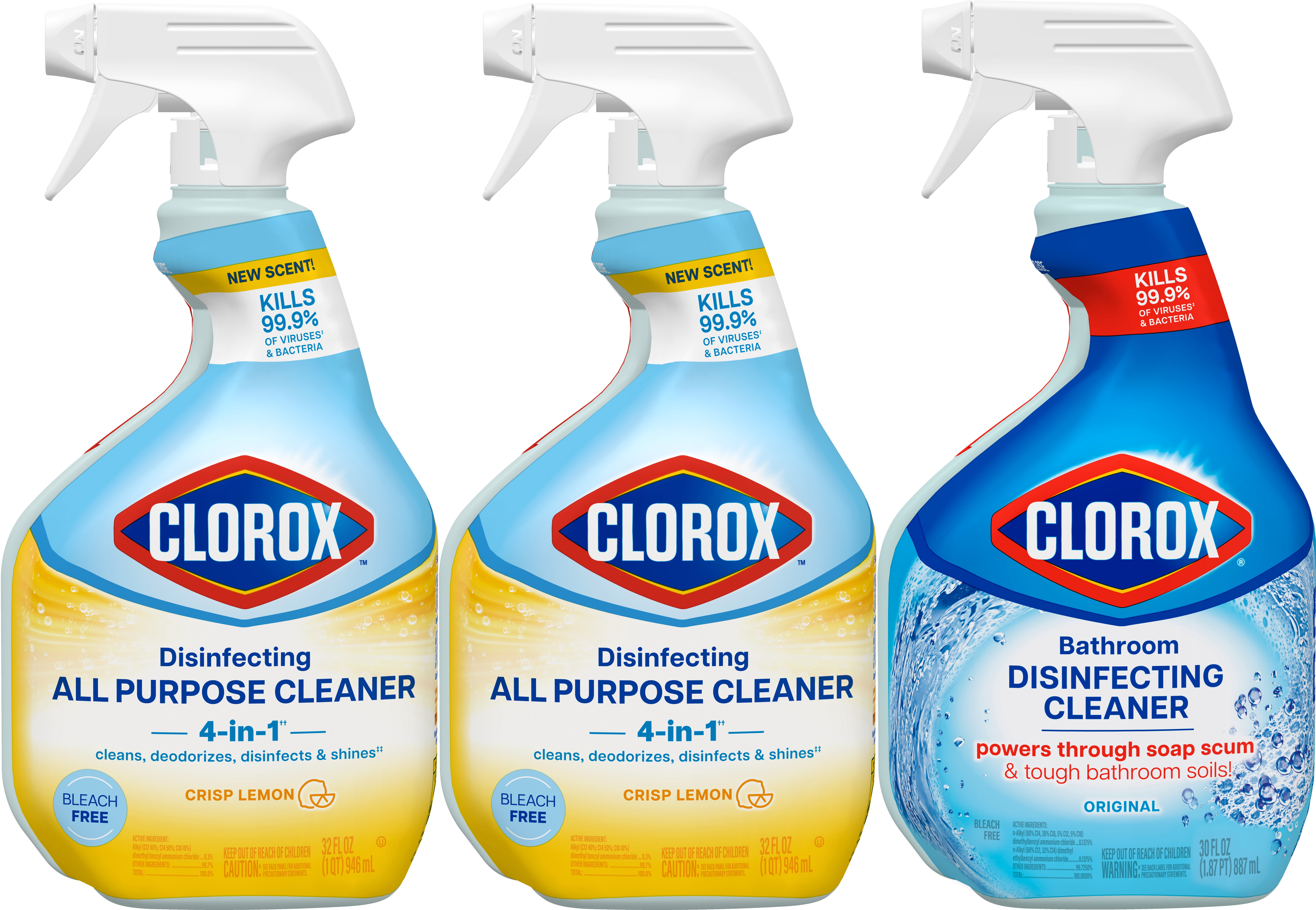 Clorox Disinfecting All-Purpose Cleaner 32 fl oz and Disinfecting Bathroom Cleaner 30 fl oz, Pack of 3