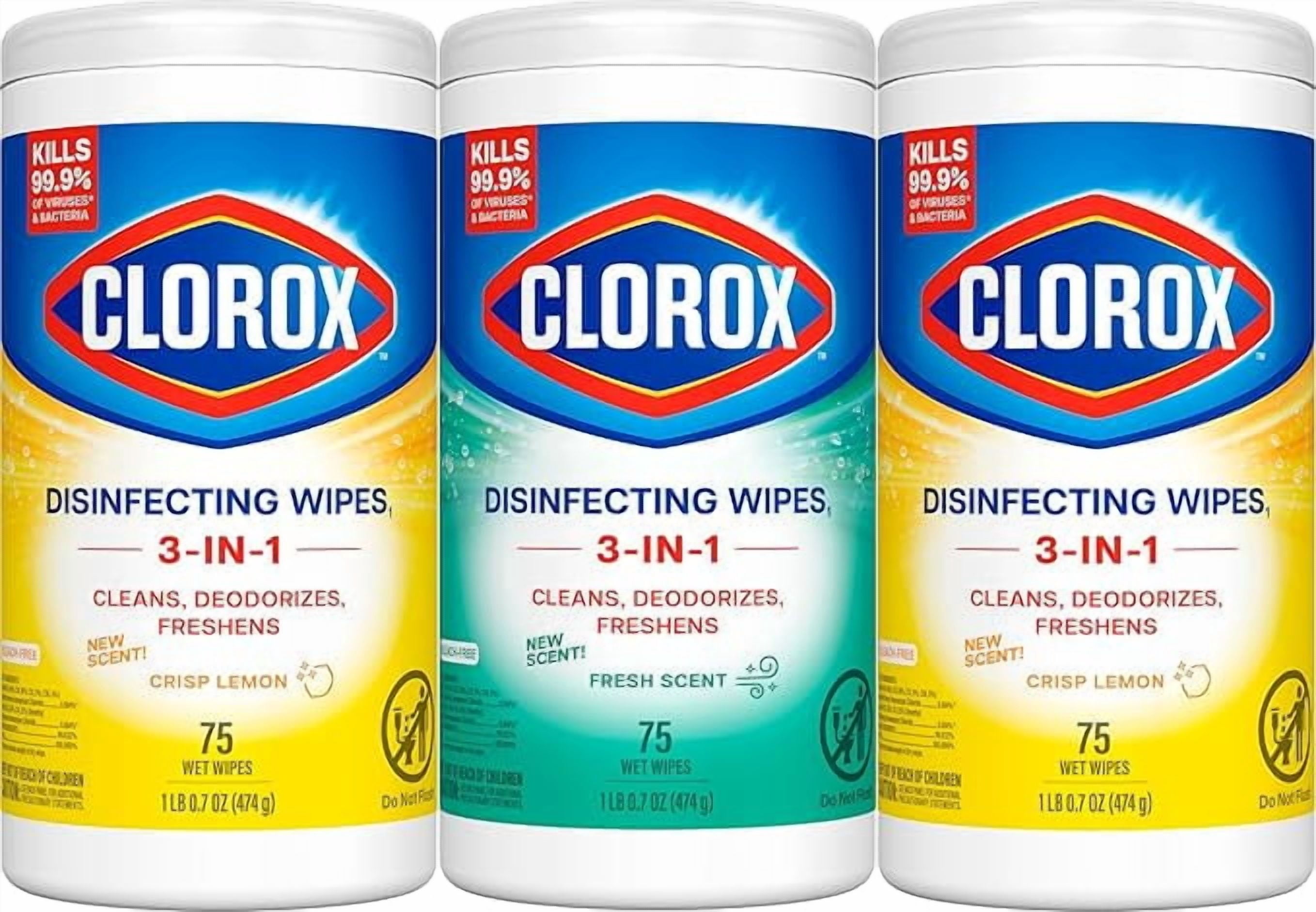 Clorox Disinfecting Cleaning Wipes for Spring Cleaning & Allergy Season, Bleach Free, Fresh Scent and Crisp Lemon, 75 Count Each, Pack of 3 (New Pack)