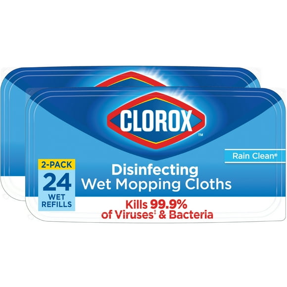 Clorox Disinfecting Wet Mop Pads Cleaner, Rain Clean, 24 Count, 2 Pack