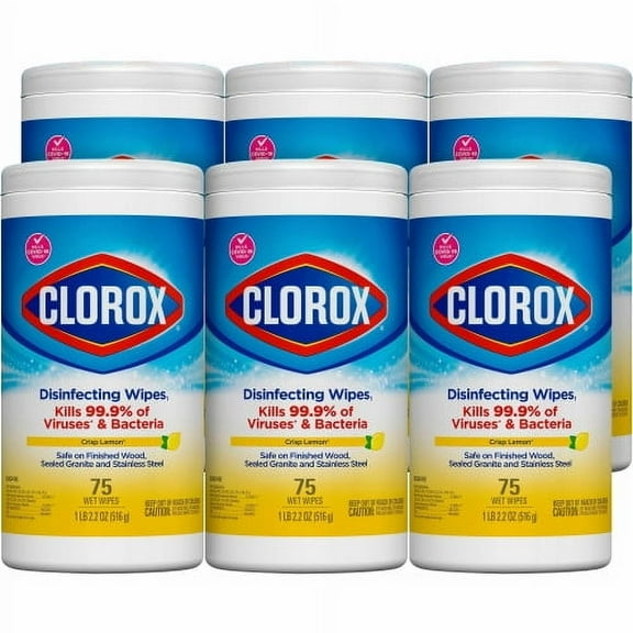 Clorox Disinfecting Wipes, 1-Ply, 7 x 7.75, Crisp Lemon, White, 75/Canister, 6 Canisters/Carton